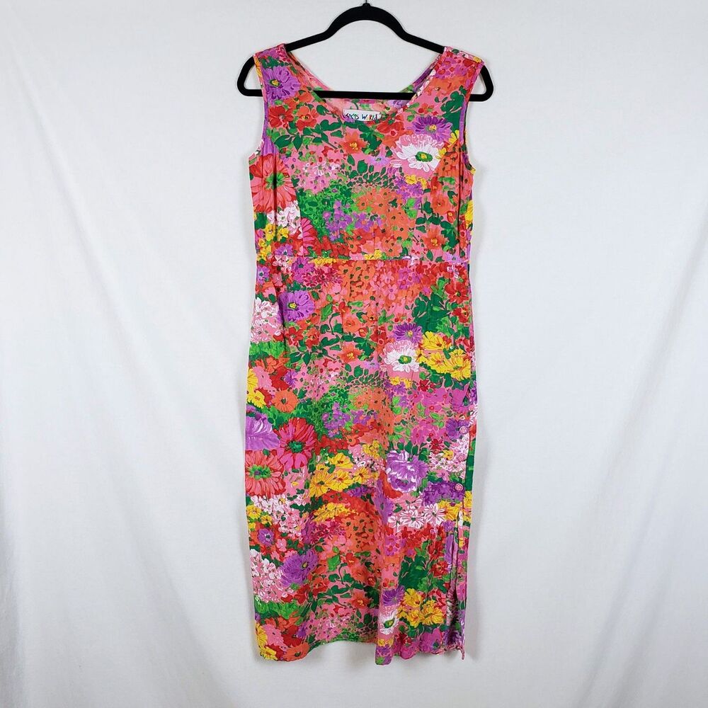 Vintage Jams World Tropical Island Resort Floral Midi Dress Womens S Side Slit